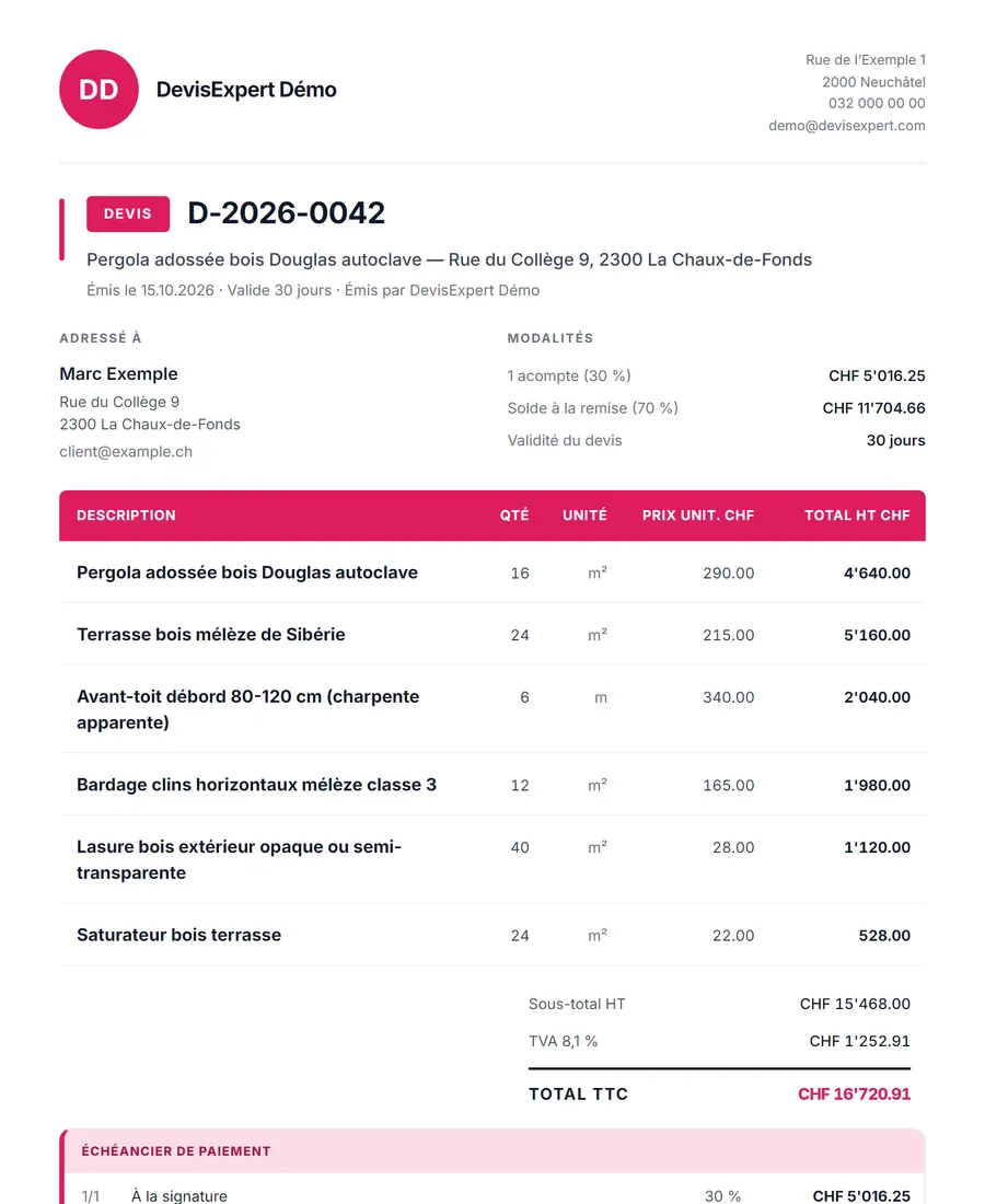 Devis de charpentier produit par DevisExpert : pergola adossée bois douglas autoclave, terrasse bois mélèze de sibérie, avant-toit débord 80-120 cm (charpente apparente)… Entreprise, client et prix fictifs.