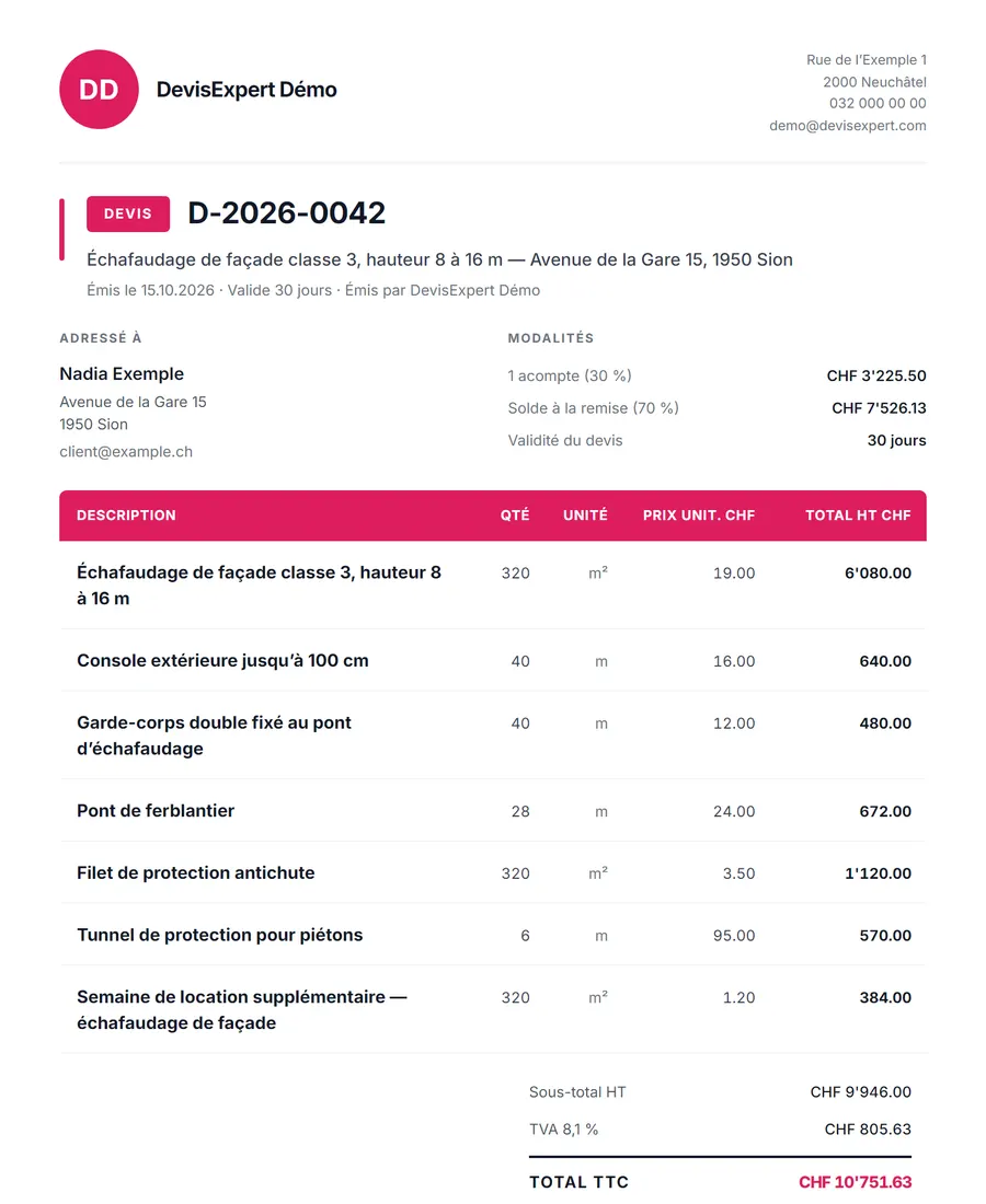 Devis d’échafaudage produit par DevisExpert : échafaudage de façade classe 3, hauteur 8 à 16 m, console extérieure jusqu’à 100 cm, garde-corps double fixé au pont d’échafaudage… Entreprise, client et prix fictifs.