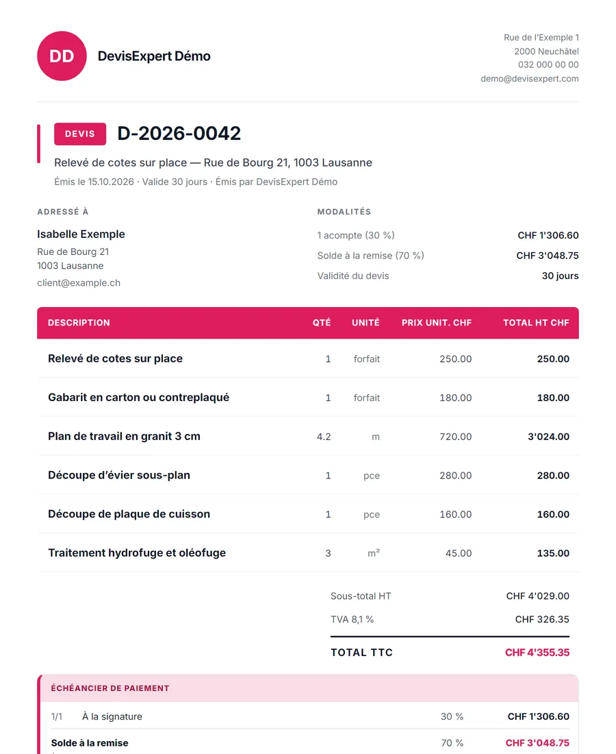 Devis de marbrier produit par DevisExpert : relevé de cotes sur place, gabarit en carton ou contreplaqué, plan de travail en granit 3 cm… Entreprise, client et prix fictifs.