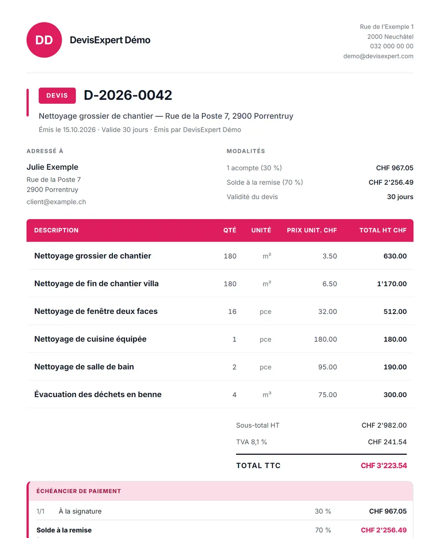 Devis de nettoyage de chantier produit par DevisExpert : nettoyage grossier de chantier, nettoyage de fin de chantier villa, nettoyage de fenêtre deux faces… Entreprise, client et prix fictifs.