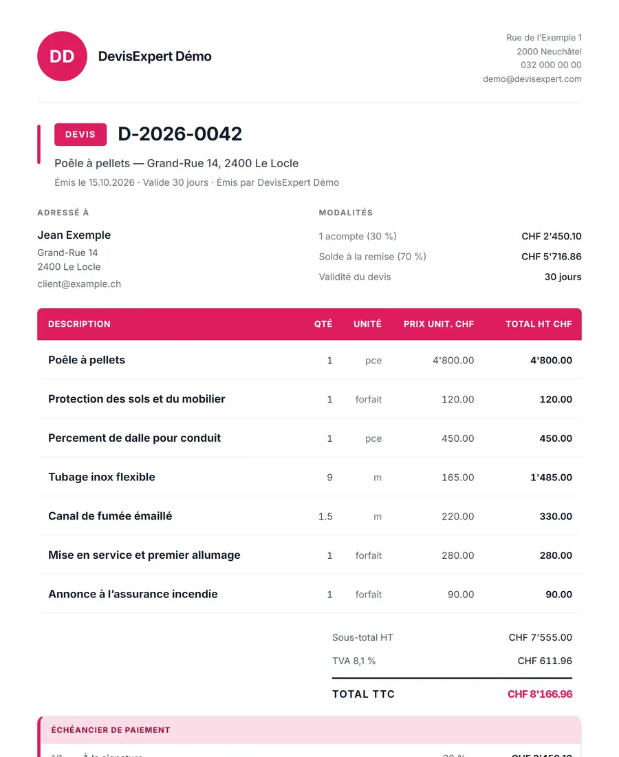Devis de poêlier produit par DevisExpert : poêle à pellets, protection des sols et du mobilier, percement de dalle pour conduit… Entreprise, client et prix fictifs.