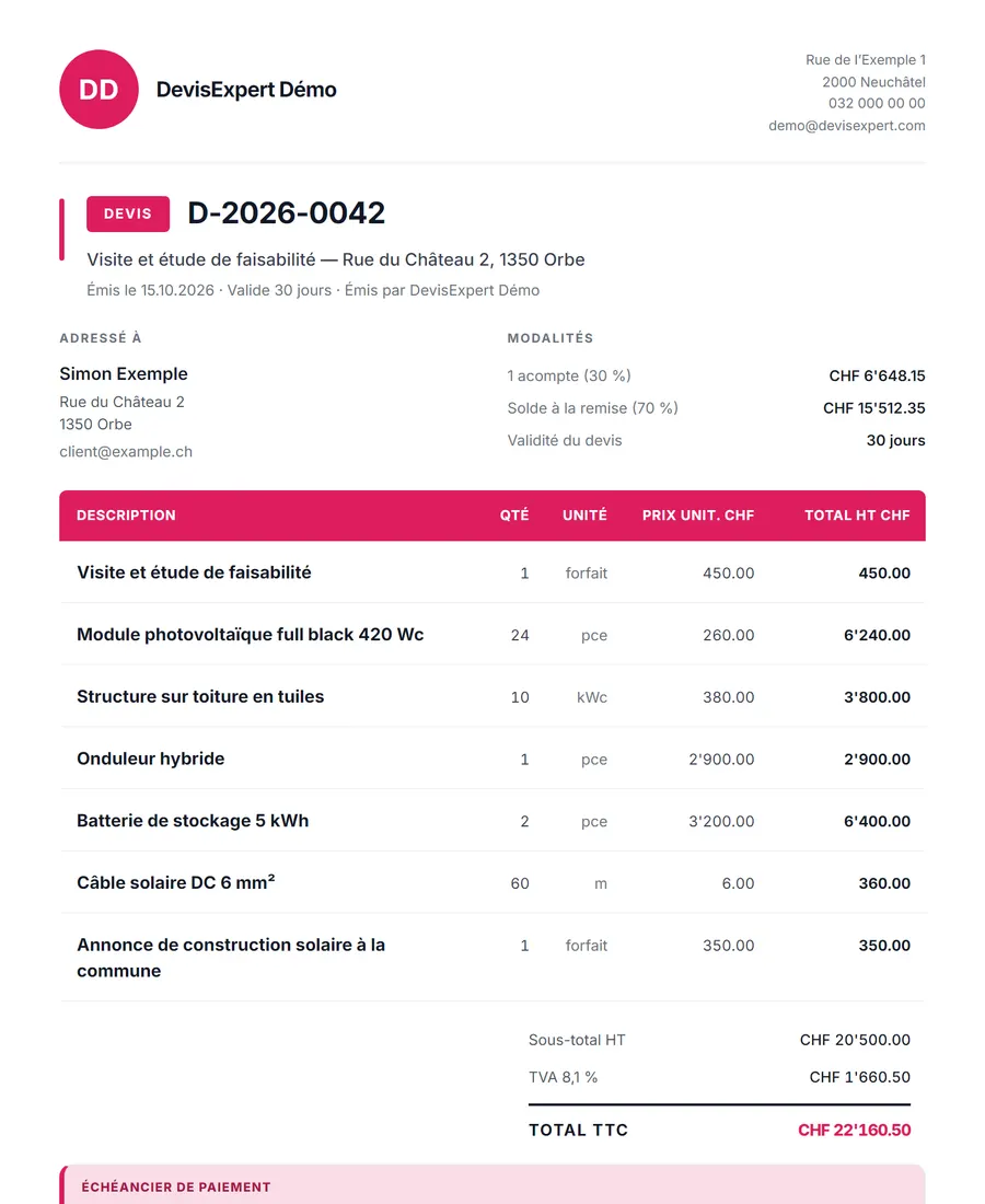 Devis d’installation solaire produit par DevisExpert : visite et étude de faisabilité, module photovoltaïque full black 420 wc, structure sur toiture en tuiles… Entreprise, client et prix fictifs.